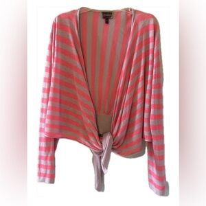 Tarnish shrug, coral/taupe stripe, layering piece, comfy, casual M/L